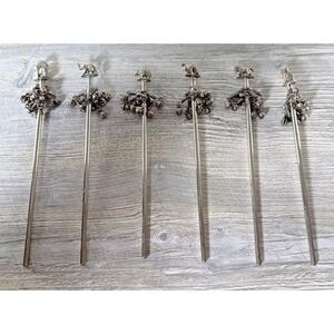 Set 6 Vintage Drink Swizzle Sticks Silver Animals W/ Bells Hippo Cat Camel Horse